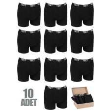 TEET Premium Erkek Boxer10'lu Set Pamuklu Düz Renk Tam Kalıp Siyah