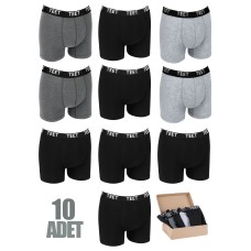 TEET Premium Erkek Boxer10'lu Set Pamuklu Düz Renk Tam Kalıp Siyah Gri